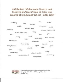 Antebellum Hillsborough, Slavery, and Enslaved and Free People of Color who Worked at the Burwell School, 1837-1857